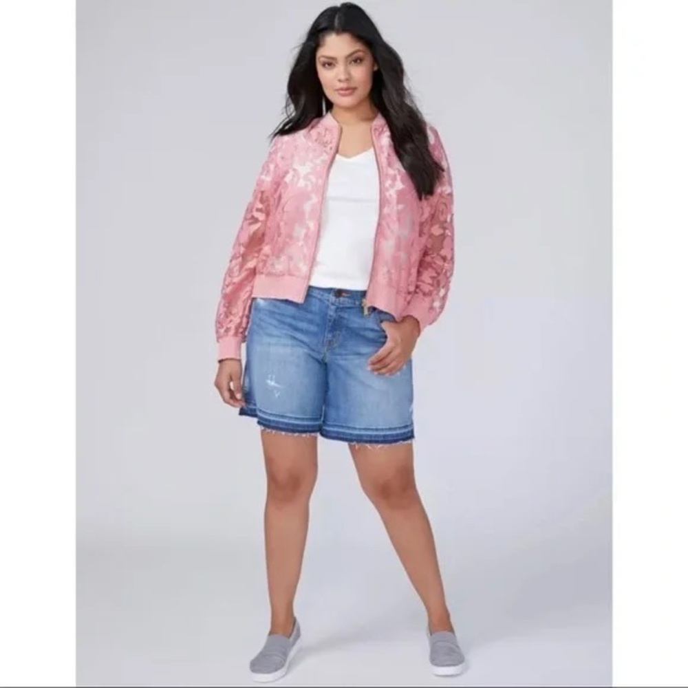 Lane Bryant Pink Lace Bomber Jacket Sheer Lightweight Full Zip 18/20